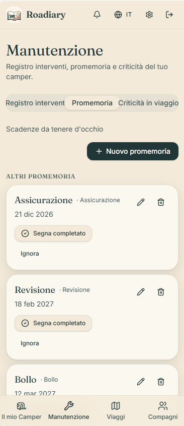 Promemoria scadenze amministrative in Roadiary