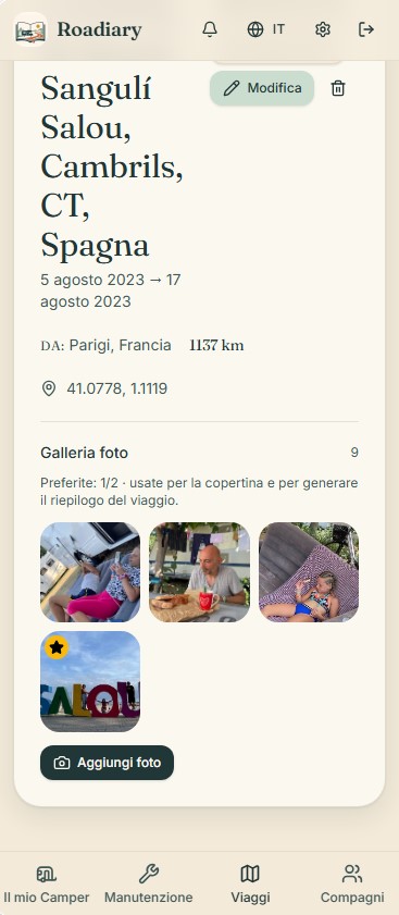 Timeline e dettaglio tappa in Roadiary