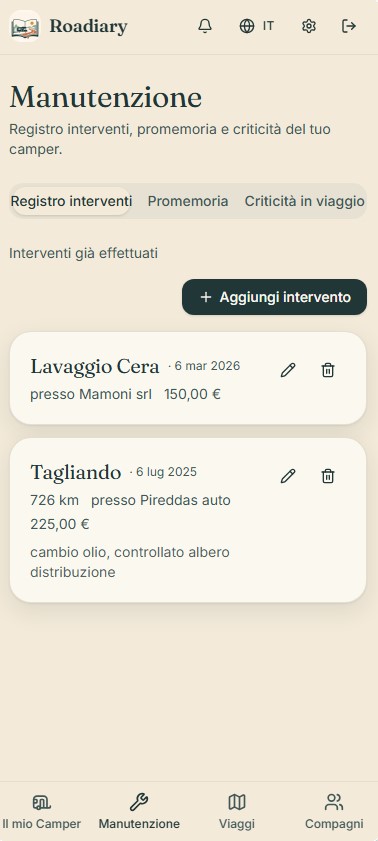 Registro interventi di manutenzione in Roadiary